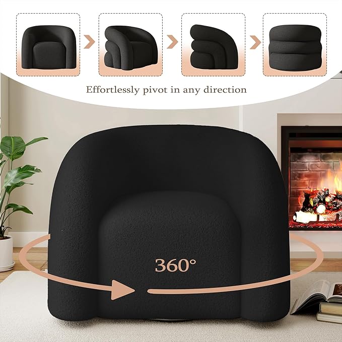 34.6" W Mordern Swivel Accent Chair,Sherpa Round Upholstered Boucle 360° Swivel Armchair for Living Room,Comfy No Assembly Sofa Chair for Bedroom Reading Apartment Lounge(Black)