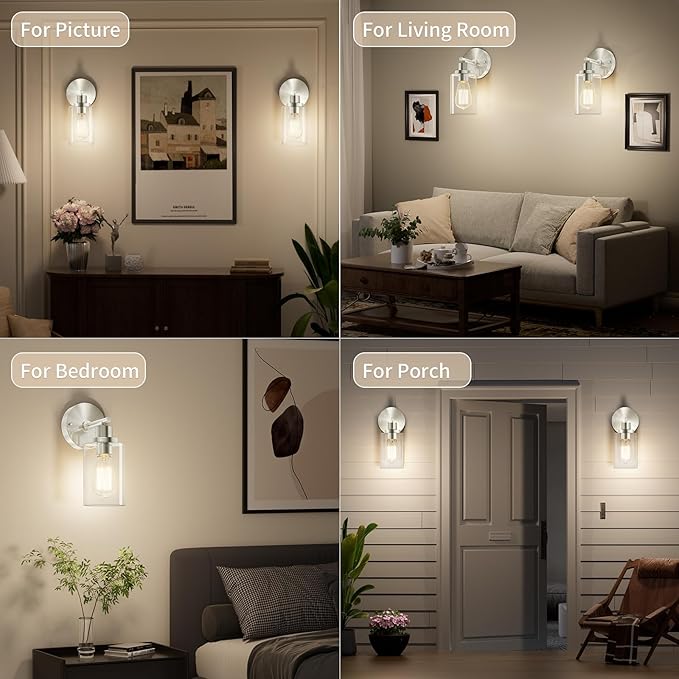 Brushed Nickel Wall Light: LED Wall Sconces Indoor, Modern Sconces Wall Lighting with E26 Base and Clear Glass Shade, Wall Light Fixtures for Bedroom, Hallway, Mirror, Living Room