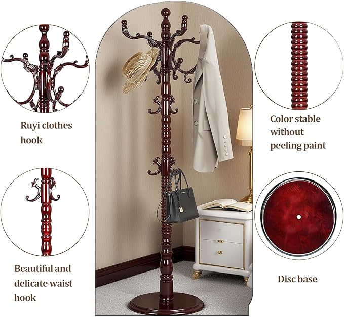 73”Vintage Wooden Coat Rack Freestanding,With 14 Hooks and Sturdy Round Base.Sturdy and Durable Standing Coat Racks，Adjustable Wooden Freestanding Coat Rack for Offices, Bedrooms (Mahogany)