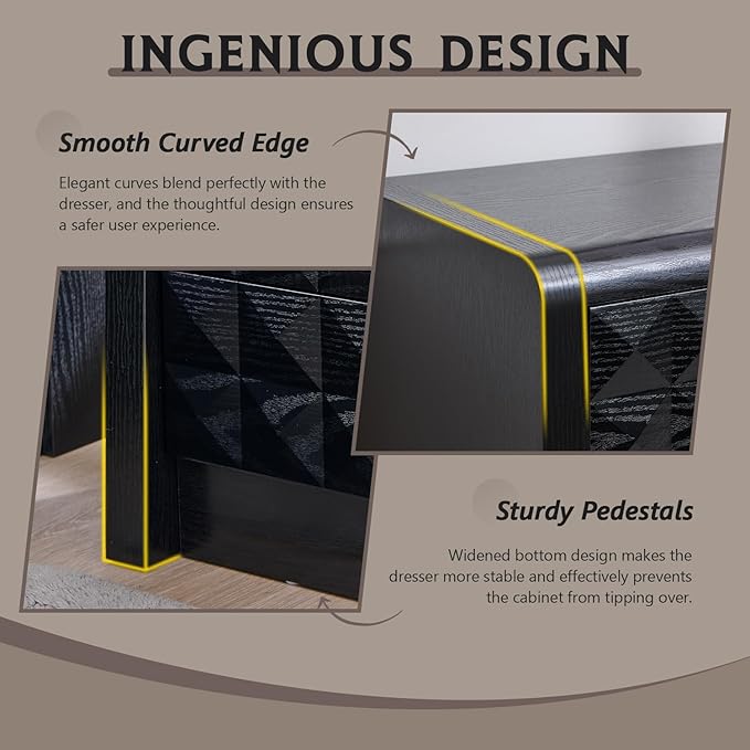 Modern 5 Drawer Dresser for Bedroom, Wooden Tall Dressers &Chests of Drawers w/Two Different Drawer Sizes, Mid Century Modern Dresser w/Diamond Panel Decorate for Bedroom, Curved Profile Design, Black