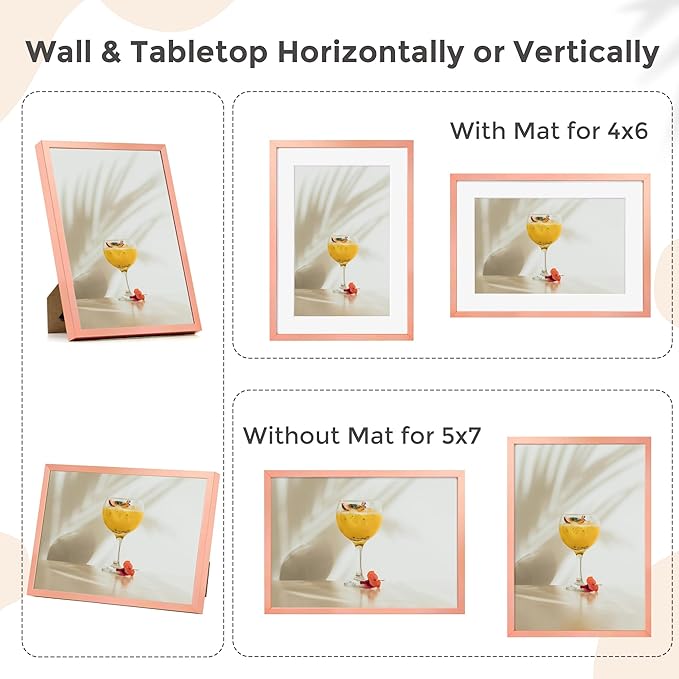 5x7 Picture Frame | 5x7 Metal Frame With Mat For 4x6 | 5 x 7 Aluminum Photo Frame | Plexiglass And Hanging Hardware Included | 5 By 7 Picture Frame | Rose Gold
