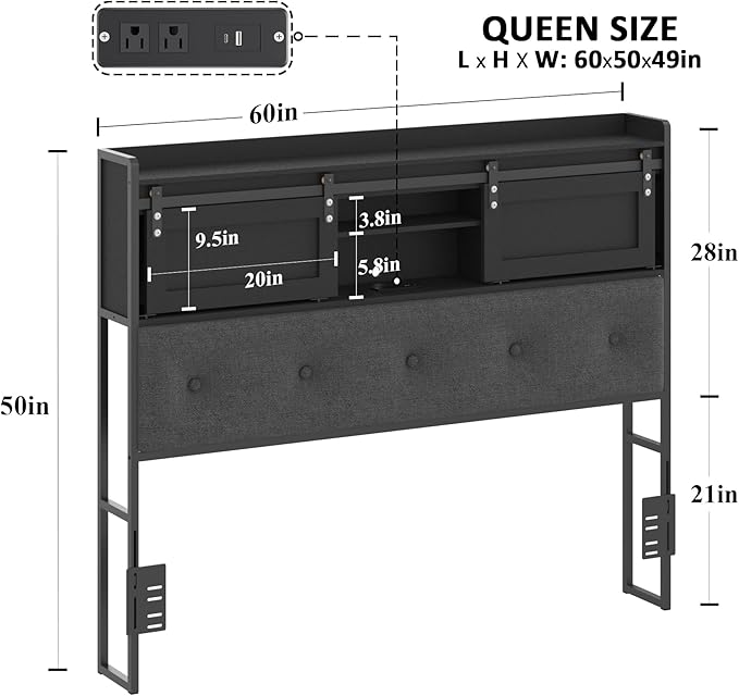 Decoholic Queen Size Headboard Only with Storage, Upholstered Headboard with Charging Station and LED Light, Sturdy and Stable, Easy to Assemble (Black+Barn Door, Queen)