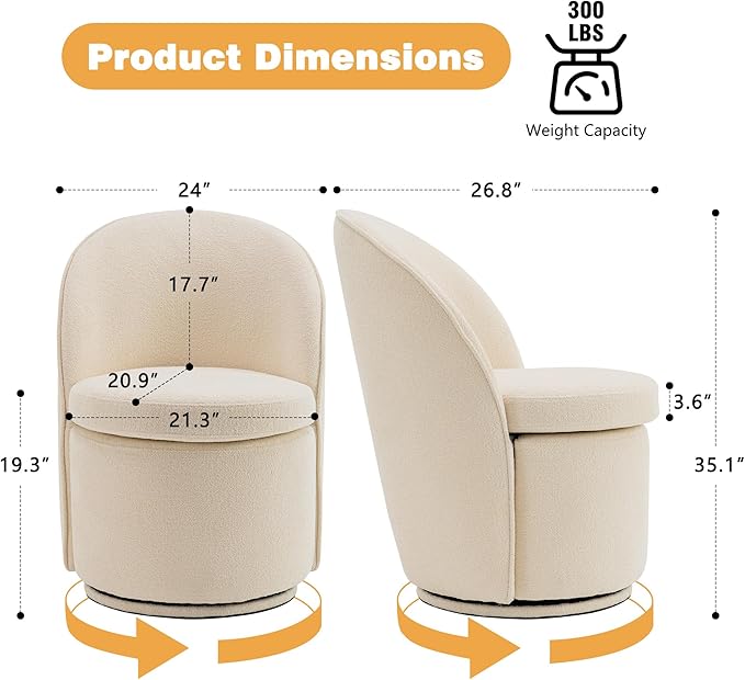 YOUNIKE Vanity Bench Boucle Fabric White Solid Wood Swivel Accent Chair with Backrest Easy Assembly Dressing Stool for Bedroom & Makeup Room