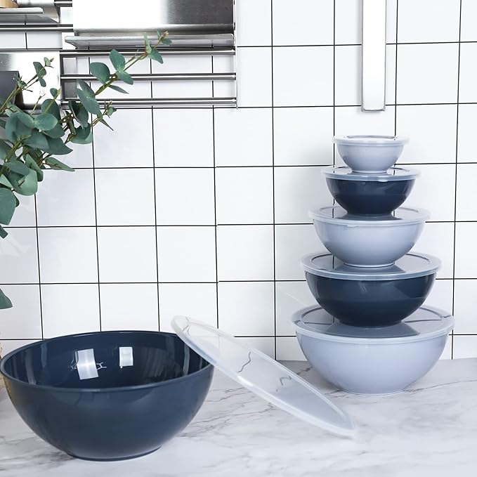 BoxedHome BPA Free Plastic Round Mixing Bowl with Lids, 12 Pack Nesting Bowls with Lids Set, Microwave and Dishwasher Safe Prep & Serving Bowls Great for Mixing, Baking, Serving (Haze Blue, 12pcs)
