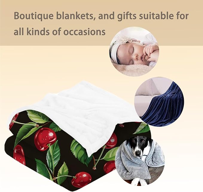 Cherry Blanket - Ultra Soft, Fluffy, Lightweight Fruit Flannel Throw Blankets for Couch, Bed, Travel, Outdoor - Cozy, Fuzzy Home Decor, for Adults Kids Women Boys Girls 80×60 in