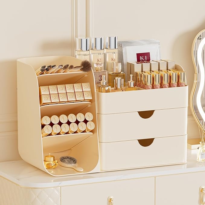Makeup Organizer with Drawers,Large Capacity Countertop Organizer for Vanity,Bathroom and Bedroom Desk Cosmetics Organizer,Easy To Storage Skincare,Brushes, Eyeshadow,Lipstick (Cream, Large)