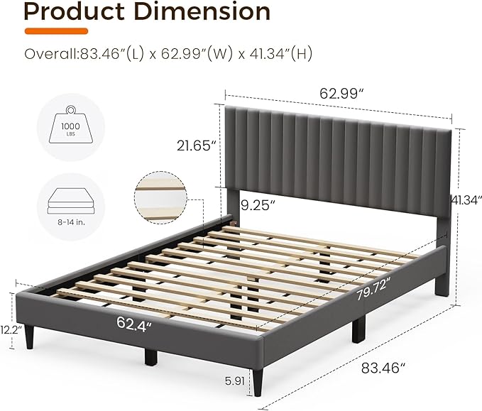 Casaottima Queen Bed Frame, Velvet Upholstered Platform Bed with Headboard, Strong Wooden Slats Support, Noise-Free Mattress Foundation, No Box Spring Needed, Easy Assembly,Vertical Stripe Smoky Grey