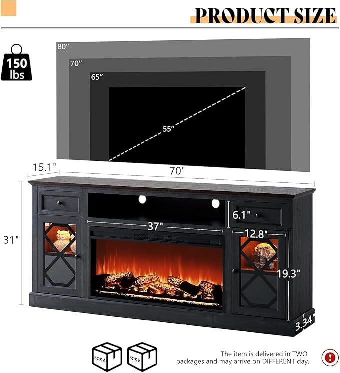 AMERLIFE Farmhouse Fireplace TV Stand with 37" Fireplace, 70" Large LED Media Entertainment Center for 80" TVs, 31" Tall Highboy TV Console Cabinet with Diamond Door for Living Room, Espresso+Gray