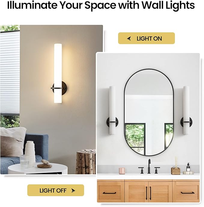 Black Wall Sconces, 18 inch Modern Wall Sconces Set of Two 18W 3000K LED Dimmable Bathroom Sconces with Acrylic Shade Indoor Wall Lights for Bedroom Living Room Hallway Stairway
