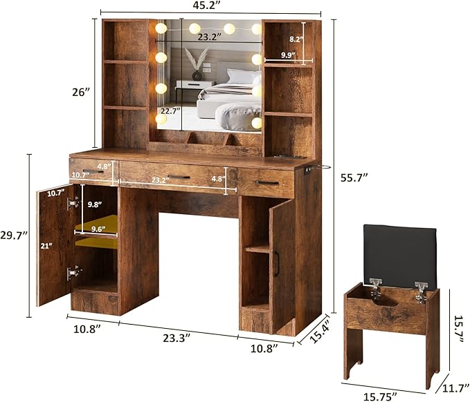 Vabches Makeup Vanity Desk with Lighted Mirror & Power Strip, Large Brown Vanity Table Set Rustic Farmhouse Style with Lots of Storage, 3 Lighting Modes, Brightness Adjustable, 45.2in (W)