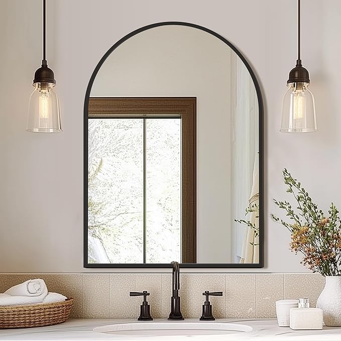 FICTOR Bathroom Vanity Mirror for Wall,40”x30” Large Arched Metal Framed Bathroom Mirror for Over Sink,Entryway, Living Room,Bedroom(Black)