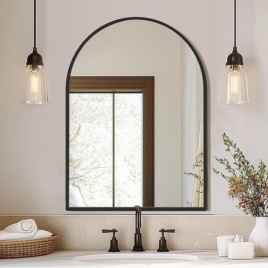 FICTOR Bathroom Vanity Mirror for Wall,40”x30” Large Arched Metal Framed Bathroom Mirror for Over Sink,Entryway, Living Room,Bedroom(Black)