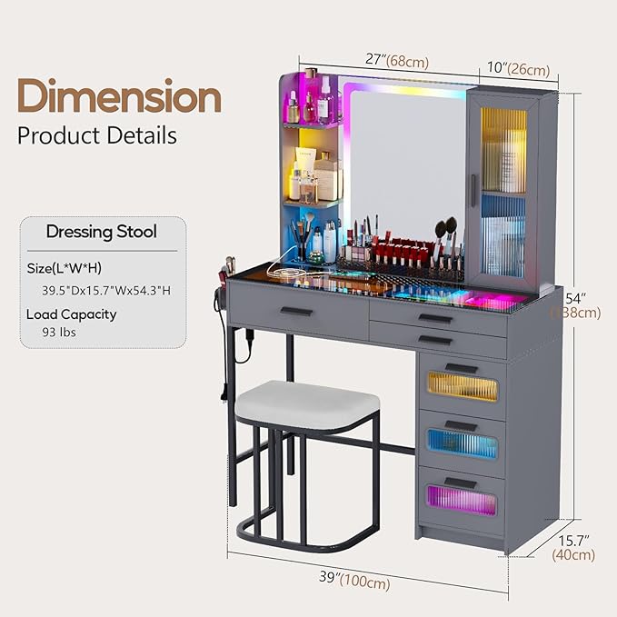Vanity Desk with Mirror and RGB Lights，Glass top Makeup Vanity Table Set with Stool & Charging Station, Dressing Table with RGB Cabinet,6 Drawers,Lipstick Grid for Bedroom,Grey