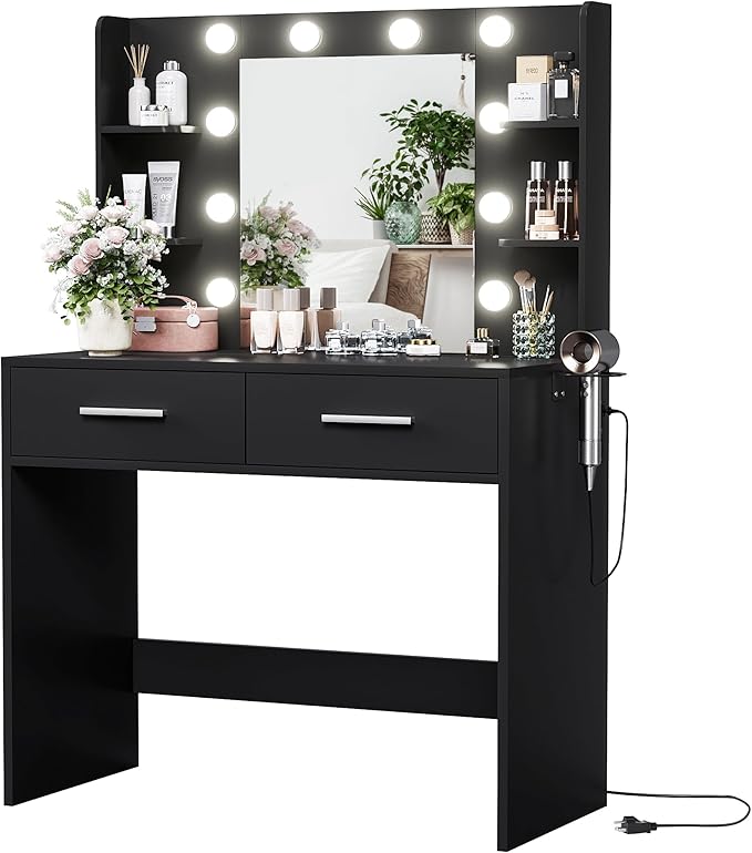 YESHOMY Vanity Desk with Mirror, Makeup Table with 2 Large Drawers, Power Outlet and Round Holder, 3 Color Modes Adjustable Bulb, Pure Black