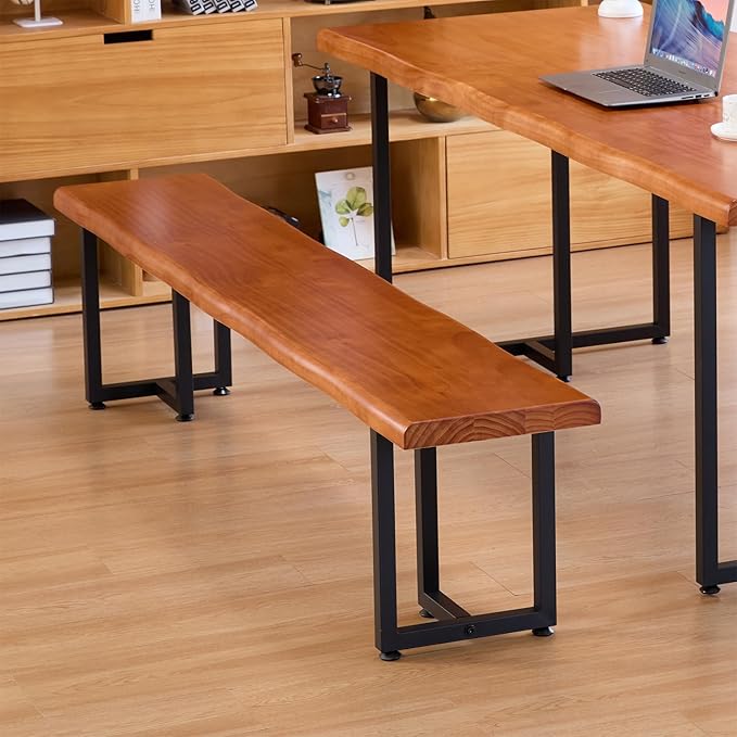 Durable Solid Wood Top Bench with Metal Triangular Legs – Stylish Long Dining Bench for Home, Office, Restaurant & Patio Chair (Wooden Brown Bench, 62.99in)