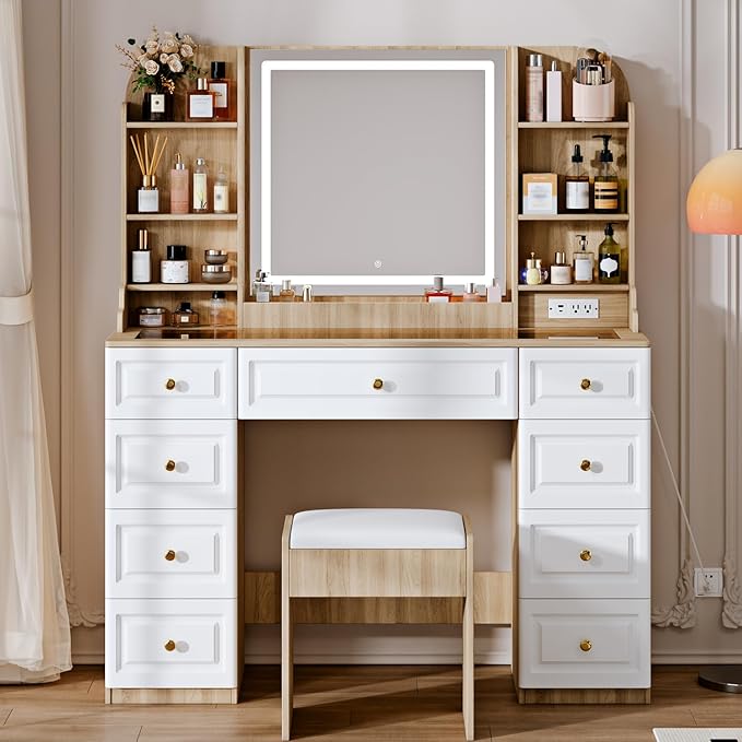 43" Makeup Vanity Desk with Mirror and Lights, & Power Outl, Glass Top Big Vanity Table with 9 Drawers& 8 Storage Shelves, Dressing Table Set with Chair for Bedroom, White+Oak