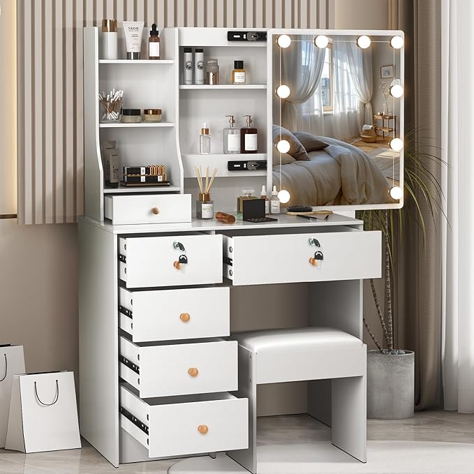JBLCC Vanity Desk with Mirror and Lights, White Vanity with Lights, 3-Color Light Sliding Mirror, 6 Drawers & Open Shelves, Small Vanity Desk with Lighted Mirror for Bedroom
