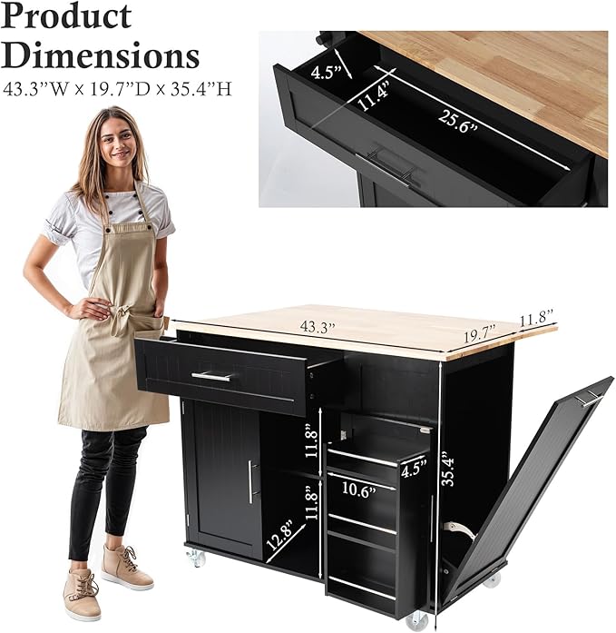 Kitchen Island with Storage & Drop Leaf - 43.3" Mobile Kitchen Cart with Wheels, Rolling Kitchen Island with Trash Bin Cabinet & Towel Rack, Rubberwood Top, Black Island for Kitchen