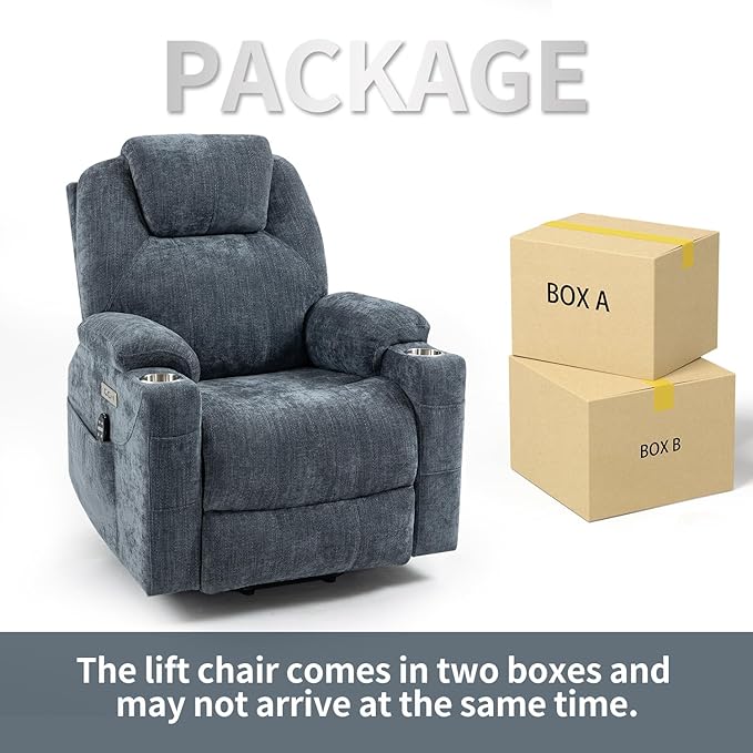 Power Lift Chair with Massage & Heat, Electric Recliner Chairs for Adults, Remote Control, Sofa for Living Room, Standing Assistance, USB Ports, Stainless Steel Cup Holders (Chenille Blue)