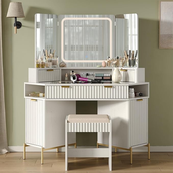 48'' Modern Vanity Desk with HD Triple Mirror & Lights,Large Corner Vanity Table with Glass Top, Charging Station,1Multifunctional Drawers & 2 Small Drawers, Dressing Table Set with 2 Cabinets, White