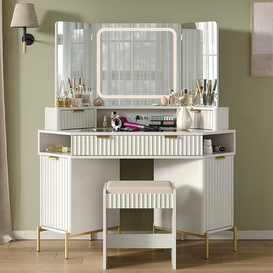 48'' Modern Vanity Desk with HD Triple Mirror & Lights,Large Corner Vanity Table with Glass Top, Charging Station,1Multifunctional Drawers & 2 Small Drawers, Dressing Table Set with 2 Cabinets, White