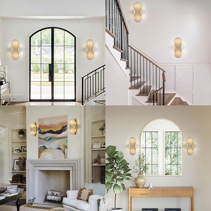 13.8 in Brass Alabaster Wall Sconces, Natural Marble Wall Sconces Set of Two Indoor Alabaster Sconces for Living Room Modern Alabaster Sconces Wall Lighting for Dining Room Stairs Bedroom