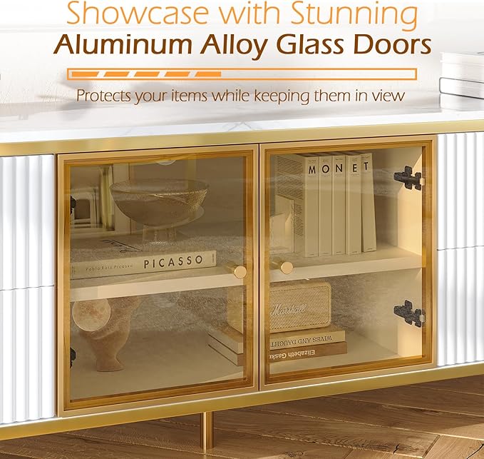 Luxury 70" Fluted TV Stand for TVs Up to 75", Modern Entertainment Center with Faux Marble Top, Media Console with Curved Profile Design, Television Stands for Living Room, White