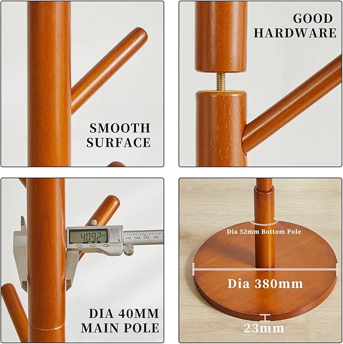 Wood Coat Rack Freestanding, Coat Stand with 8 Hooks, Kids Coat Tree with 3 height options and Sturdy Base, Rustic Coat Rack Small Hall Tree Brown YD-1008