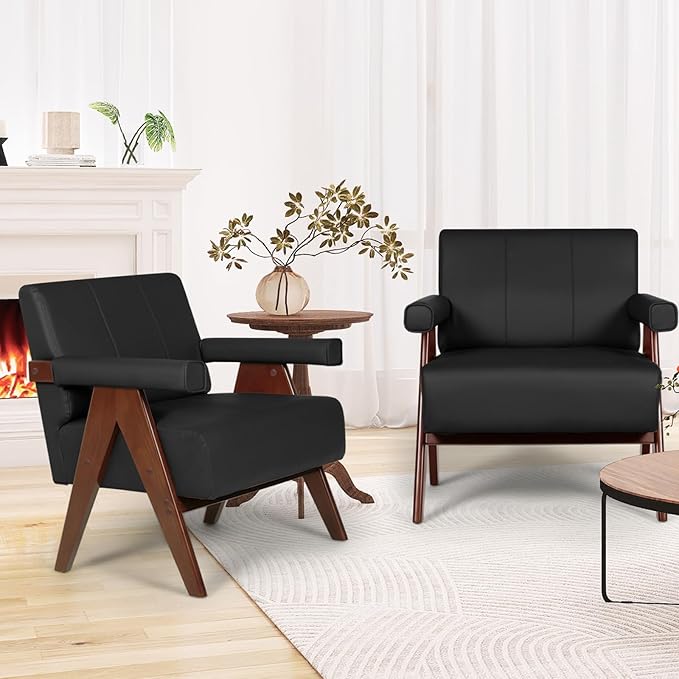 AODAILIHB Mid Century Modern Chairs Set of 2 Black Leather Accent Chair Wood Arms with Soft Bag Living Room Chairs with Thick Cushion Comfy Leisure Waiting Room Chairs Bedroom/Office (2, Black)