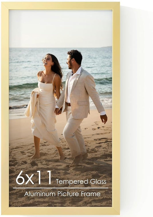 Metal Picture Frame - Gold Aluminum Picture Frames with Real Glass, Wall Mounting Horizontally or Vertically, Simple and Elegant Decor for Wall Gallery Poster Photo 11x6 Frames, Gold
