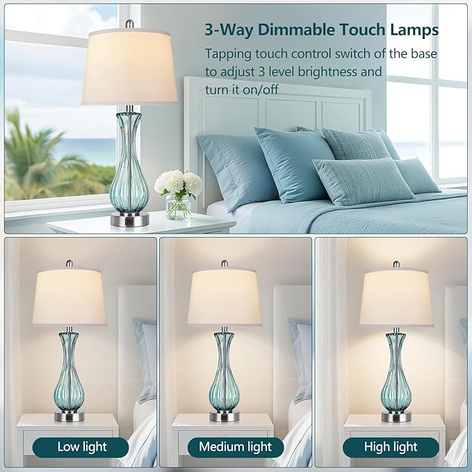 27.5" Coastal Glass Table Lamp Set of 2, 3-Way Dimmable Full Touch Control Beach Lamp with USB A+C Port, Blue Glass Nautical Bedside Lamp with White Shade for Living Room Bedroom(LED Bulbs Included)