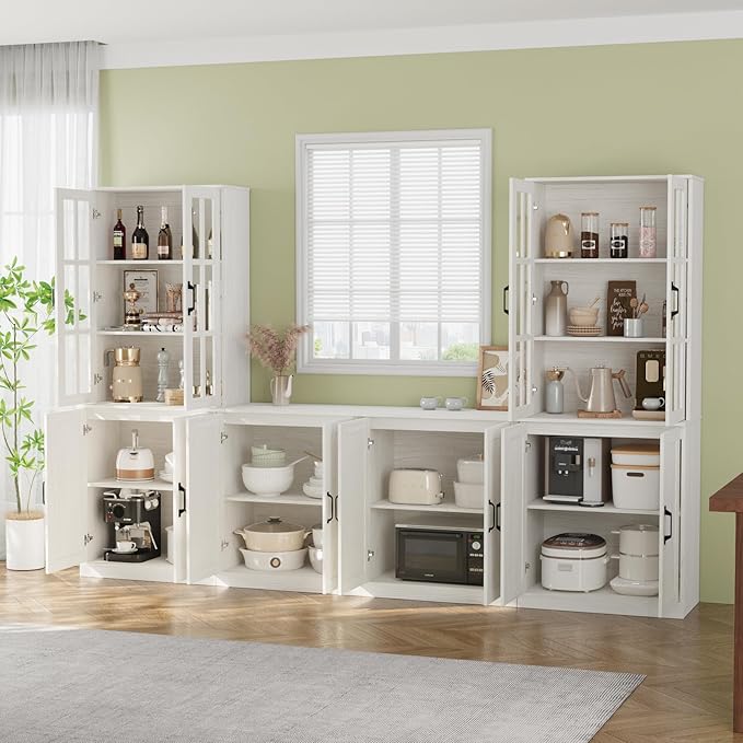 VOWNER 95" TV Stand for TVs up to 75", 4-Piece TV Hutch with Cabinets, Entertainment Center with Bookshelves, Modular TV Console for Living Room, 2D+2H (White)