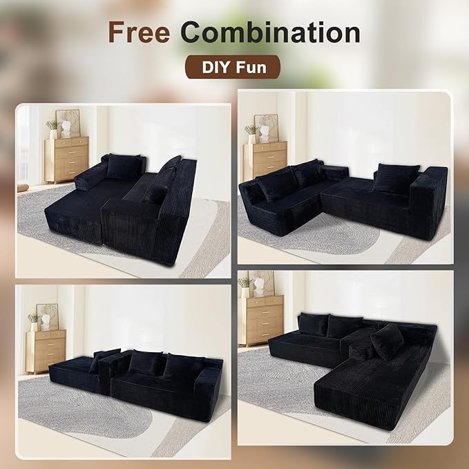 103" Cloud Sectional Sofa, Boneless L-Shape Couch with Chaise, Modern Minimalist Modular Couch for Living Room, Free Combination, Deep Seat, No Assembly Required, Premium Corduroy, Black, L