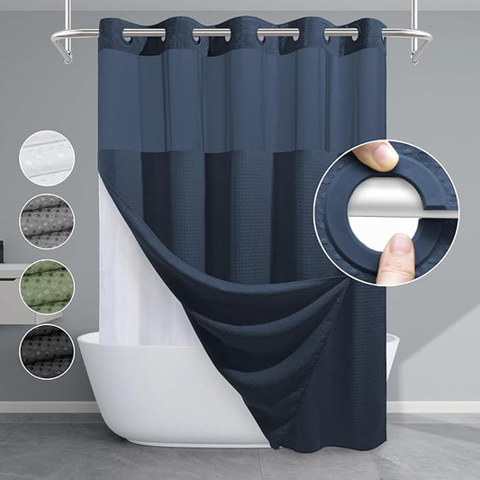 Navy Blue No Hook Shower Curtain with Snap in Liner,230GSM Waffle Weave Shower Curtains for Bathroom,71W x 74H