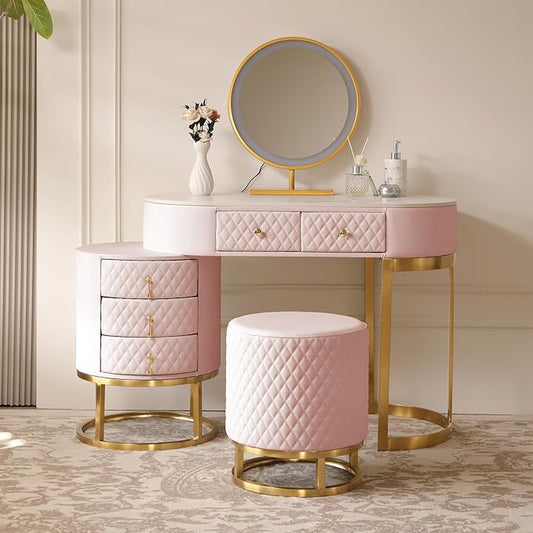 Faux Leather Makeup Vanity Desk Set with LED Lighted Mirror Luxury Dressing Makeup Table with Storage Drawers & Vanity Stool, Pink