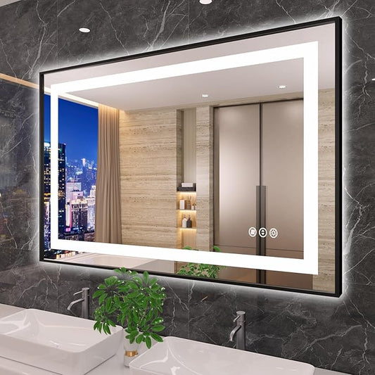 Amorho 48" X32" Black LED Mirror for Bathroom, Front Light and Backlit, Stepless Dimmable, Anti-Fog, Shatter-Proof, Memory, 3 Colors, Double LED Vanity Mirror