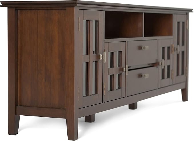 SIMPLIHOME Artisan SOLID WOOD 72 inch Wide Transitional TV Media Stand in Russet Brown For TVs up to 80 inches for the Living Room and Entertainment Center