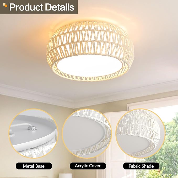 WINGBO 15.7" Modern 3-Light Flush Mount Ceiling Light Fixture with Fabric & Acrylic Double Drum Shade for Bedroom Living Room Dining Room Hallway Entryway, White