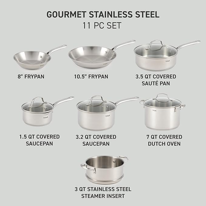 T-fal Stainless Steel Cookware Set 11 Piece, Induction, Oven Broiler Safe 500F, Kitchen Cooking Set w/Fry Pans, Saucepans, Saute Pan, Dutch Oven, Steamer, Pots and Pans, Dishwasher Safe, Silver