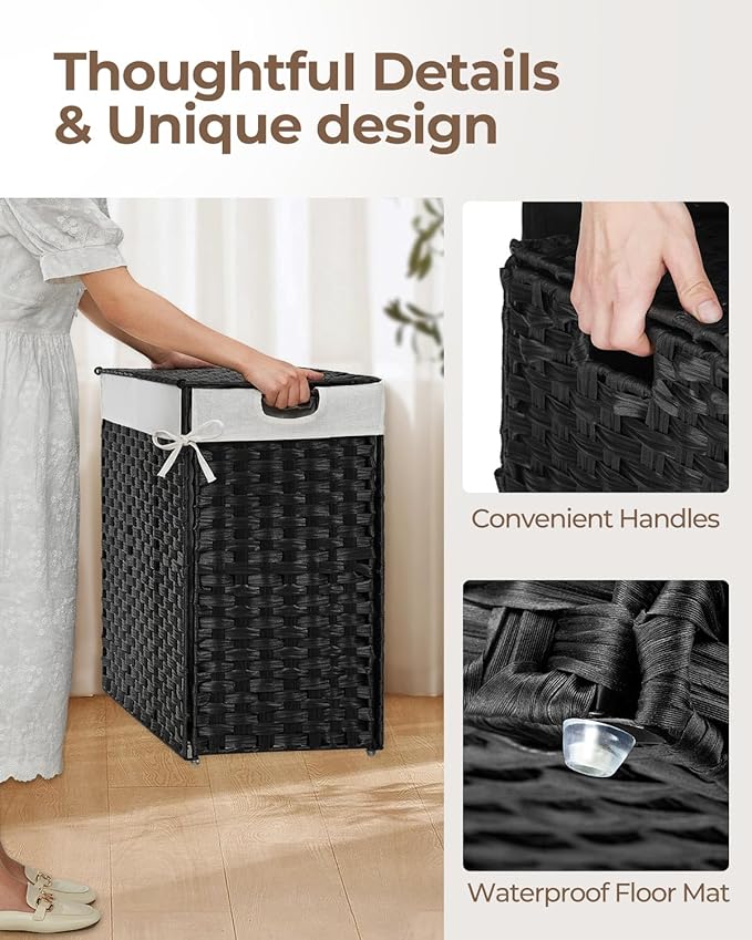 Greenstell Laundry Hamper with lid, No Install Needed, 110L Wicker Laundry Baskets Foldable 2 Removable Liner Bags, 2 Section Clothes Hamper Handwoven Rattan Laundry Basket with Handle, Black