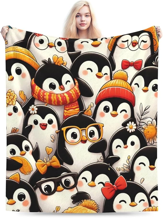 Funny Penguin Blanket Soft Warm Cute Kawaii Penguin Plush Throw Blanket Cozy Flannel Fuzzy Fleece Bedding Stuff Animal Decor Blanket Gifts for Lover Girls Boys Kids Teens Adults Women 50"x60"