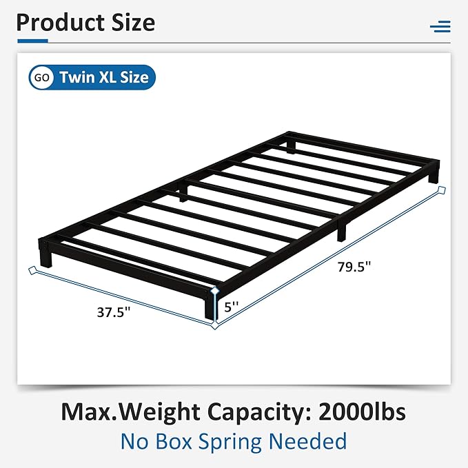 5 Inch Low Twin XL Bed Frames Heavy Duty Metal Platform, No Box Spring Needed, Easy Assembly Mattress Foundation, No Noise, Black