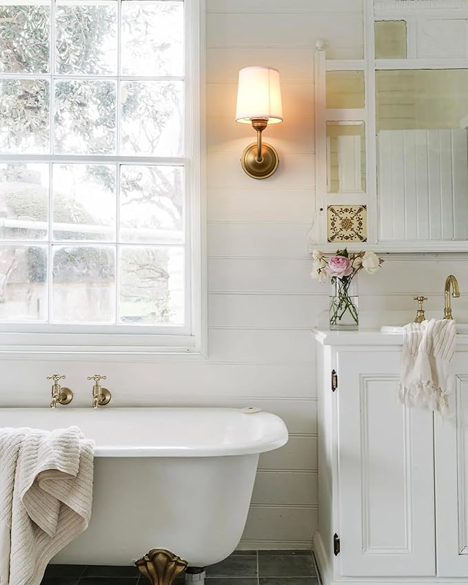 Vintage Fabric Wall Sconce with Funnel White Cloth Shade, E26 Hardwired Indoor 1-Light Wall Mounted Lamp Fixture for Living Room Bedroom Dining Room Hallway