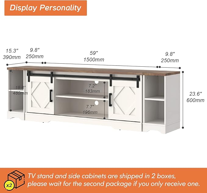 WAMPAT Modern Farmhouse 3 in 1 TV Stand for up to 85" TVs Wood Entertainment Center with Sliding Barn Door and Adjustable Media Storage Shelf for Living Room,Cream White
