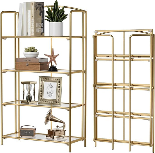 Crofy No Assembly Folding Bookshelf for Living Room, 4 Tier Gold Collapsible Book Shelf for Home Office, Portable Bookcase Storage Organizer