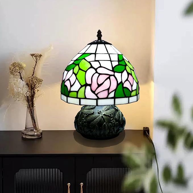 Small Tiffany Stained Glass Lamp, 3 Color Temperatures Bedside Lamp, 8 Inch Mushroom Desk Light for Bedroom Living Room Office Home Decor (Pink Rose)