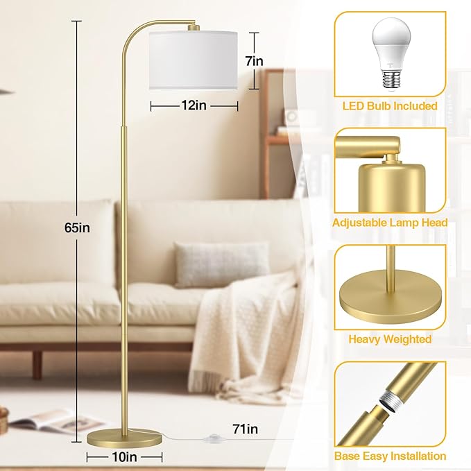 Arc Floor Lamps for Living Room with 3 Color Temperatures, Modern Floor Lamp Reading Light with 9W Bulb Included, Standing Lamp with Adjustable White Hanging ‎Lampshade for Bedroom Office(Gold)
