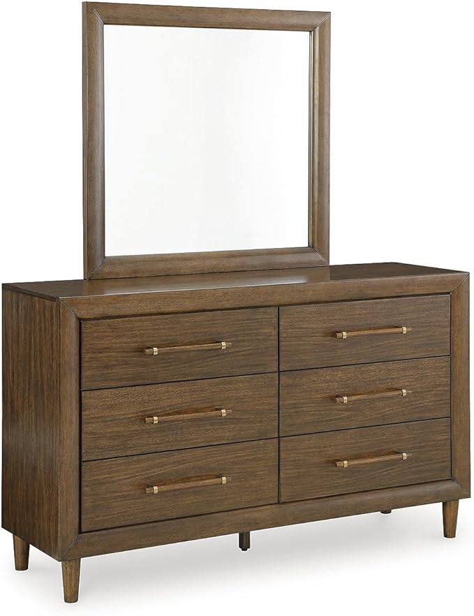 Signature Design by Ashley Lyncott Mid-Century Modern 6-Drawer Dresser and Mirror with Safety Stop and Felt-Lined Top Drawer, Light Brown