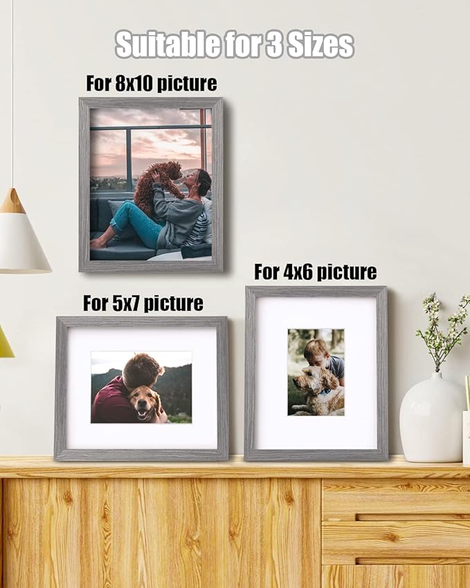 Egofine 8x10 Picture Frame Made of Solid Wood with Plexiglass, Display Pictures 4x6/5x7 with Mat or 8x10 Without Mat for Tabletop and Wall Mounting, Oak Grey