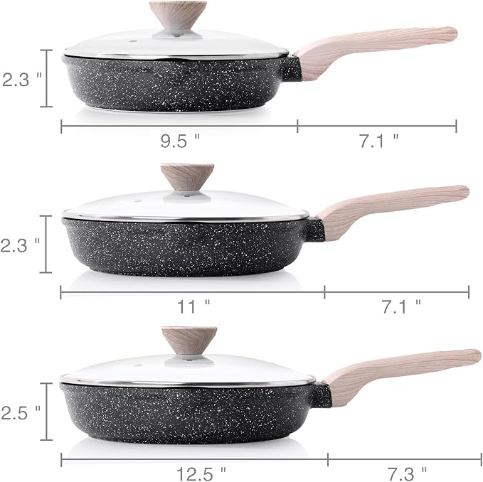 Nonstick Frying Pan Set with Lids, 3 Piece Skillet Set, Healthy Induction Cookware Cooking Pan, Stay-Cool Handle, Compatible with All Stovetops, PFOA Free (9.5, 11, 12.5 Inch)
